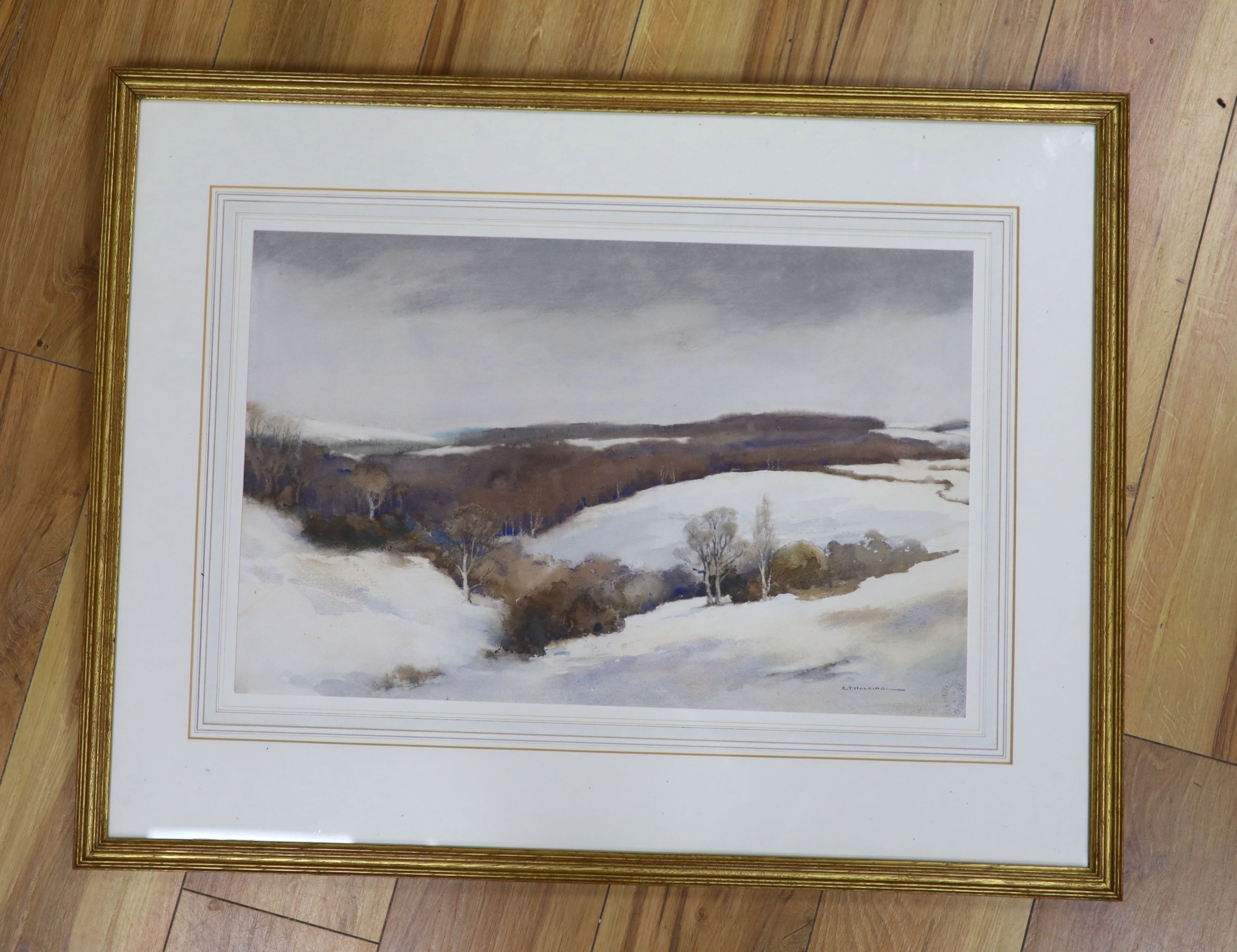 Edgar Thomas Holding (1870-19520, watercolour, 'Halnaker, Sussex, in winter', signed, 36 x 56cm